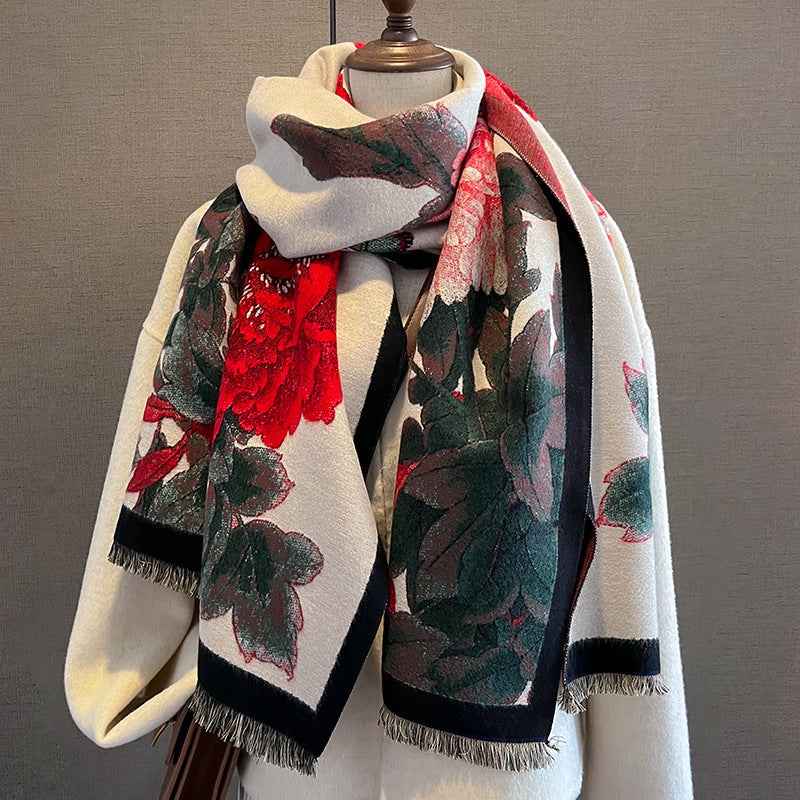 Retro Floral Artificial Cashmere Scarf - Women's Thick Warm Winter Scarf