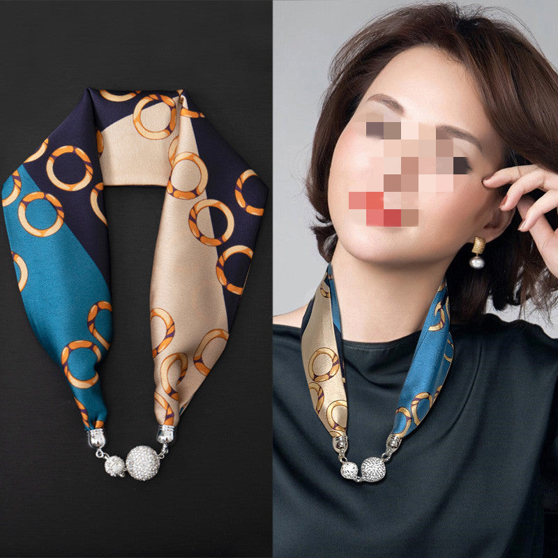 Magnetic Buckle Silk Scarf with Pearl Necklace - Women's Fashion Accessory - DropOnline.co