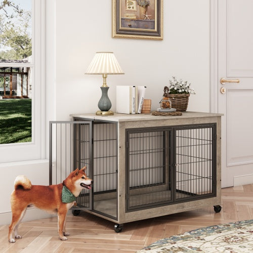 Furniture Style Dog Cage Side Table With Wheels With Double Doors And A Raised Top. Grey - DropOnline.co