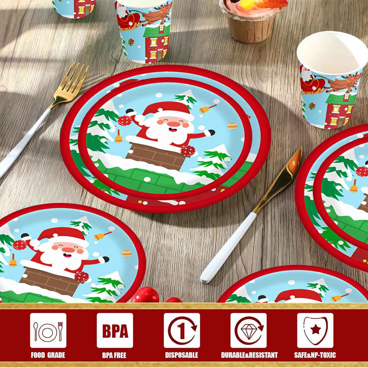 Christmas Paper Plates and Cups Set for 10 Guests - Santa Claus Elk Pattern - DropOnline.co