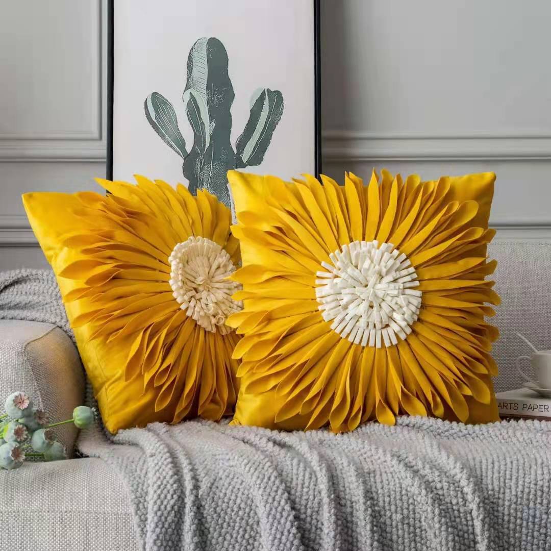 Fashion Modern Style White Throw Pillows Velvet Stitching 3D Chrysanthemum Cushion Waist Pillow Blue Cushion Case - DropOnline.co