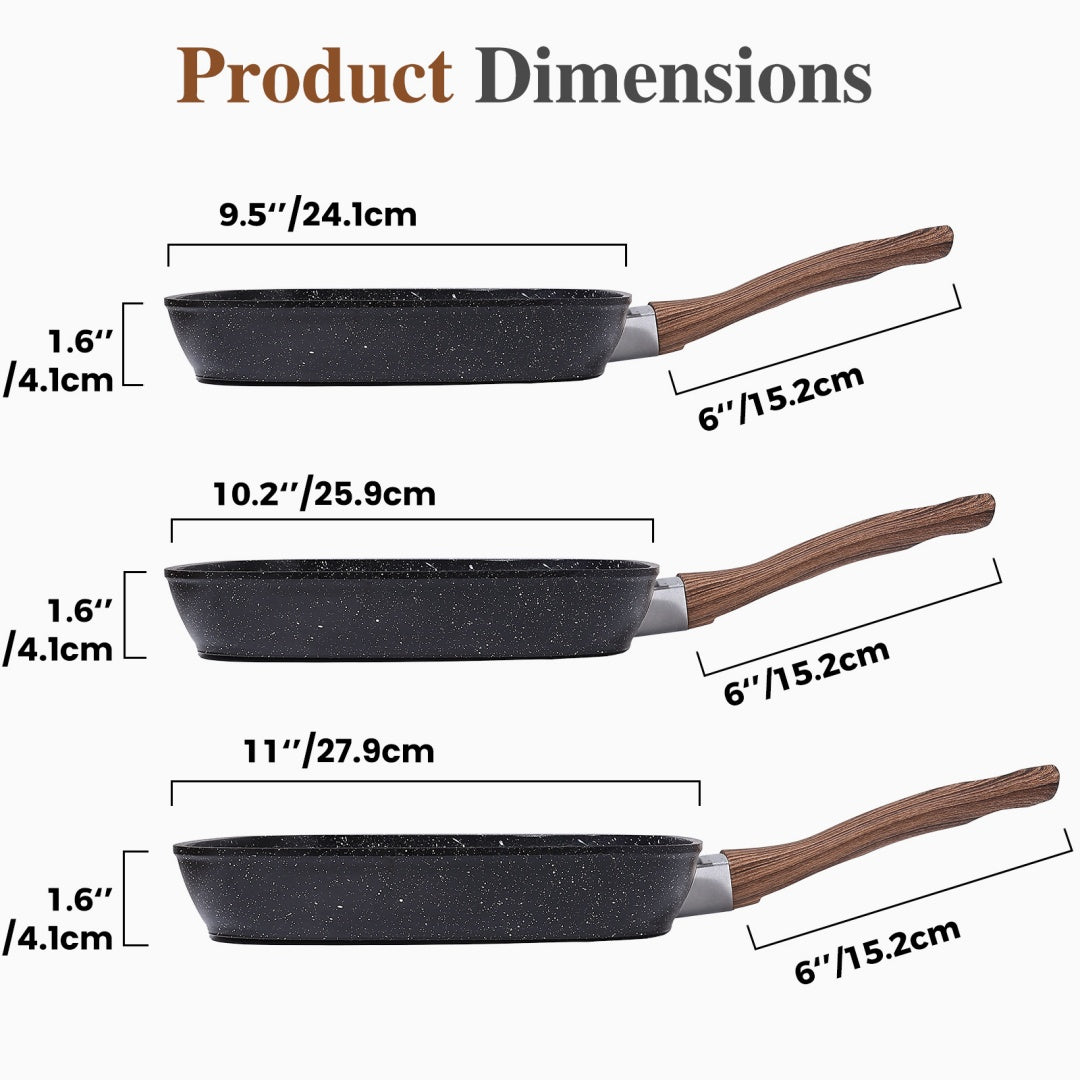 Nonstick Frying Pan Skillet Set, 3 Piece Square Grill Pans With Stay Cool Handle & PFOA Free, Compatible With All Stovetops - DropOnline.co