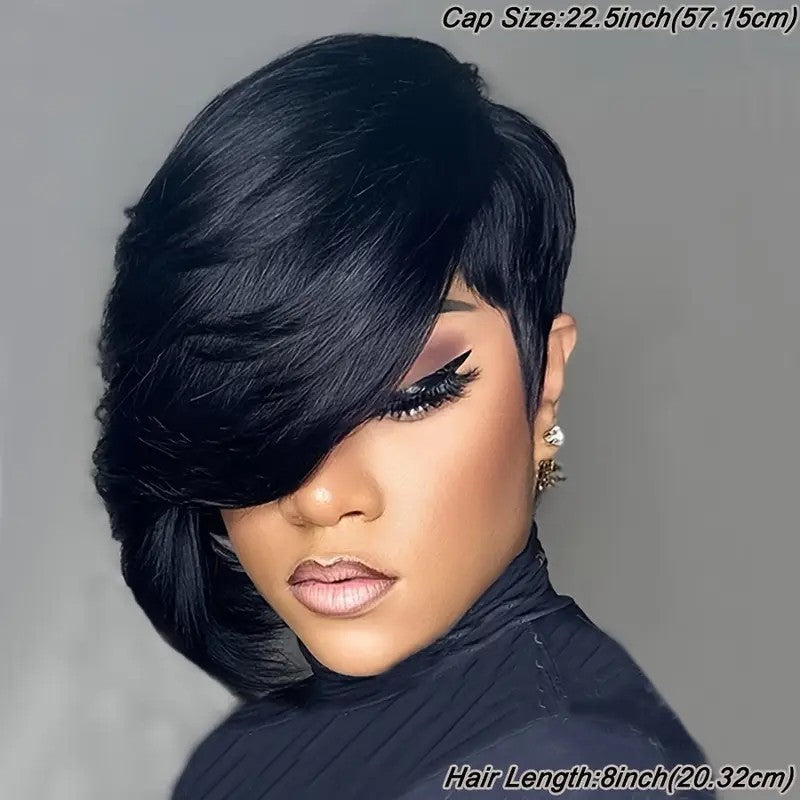 Straight Black Elegant 8 PixieCut Wig For Women -Glueless Human Hairwith Long Bangs, Everyday Style Wig L SleekShort Wig   Wig Accessories - DropOnline.co
