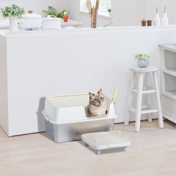 Stainless Steel With Plastic, Buckle Style With Shovel, Foot Pad, White Litter Box - DropOnline.co