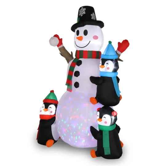 6ft Inflatable Snowman with 3 Penguins - LED Garden Christmas Decoration with Rotating Light - DropOnline.co