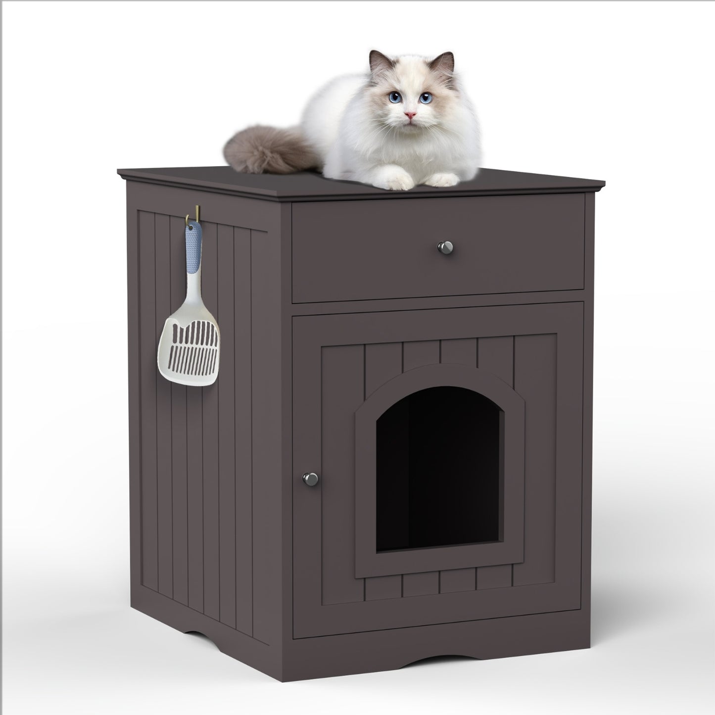 Wooden Pet House Cat Litter Box Enclosure With Drawer & Side Table - DropOnline.co