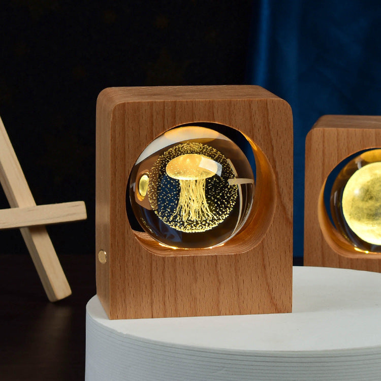 Beech Crystal Ball Night Light 3D Laser Engraving Elk Jellyfish LED Nightlights USB Dimmable Lamp For Bedroom Decoration Gifts Home Decor - DropOnline.co