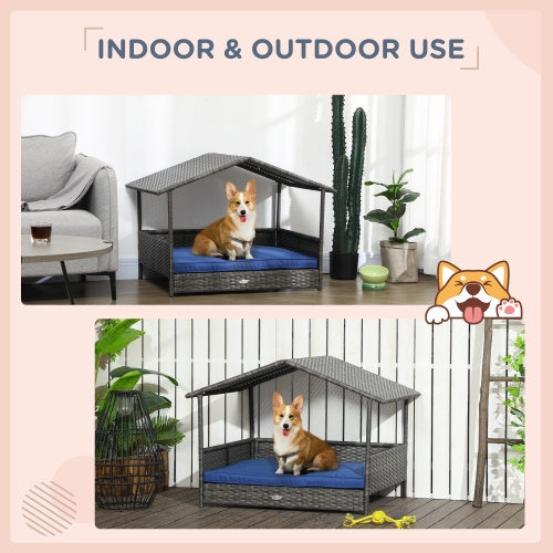 PawHut Wicker Dog House Outdoor With Canopy, Rattan Dog Bed With Water-resistant Cushion, For Small And Medium Dogs, Dark Blue - DropOnline.co
