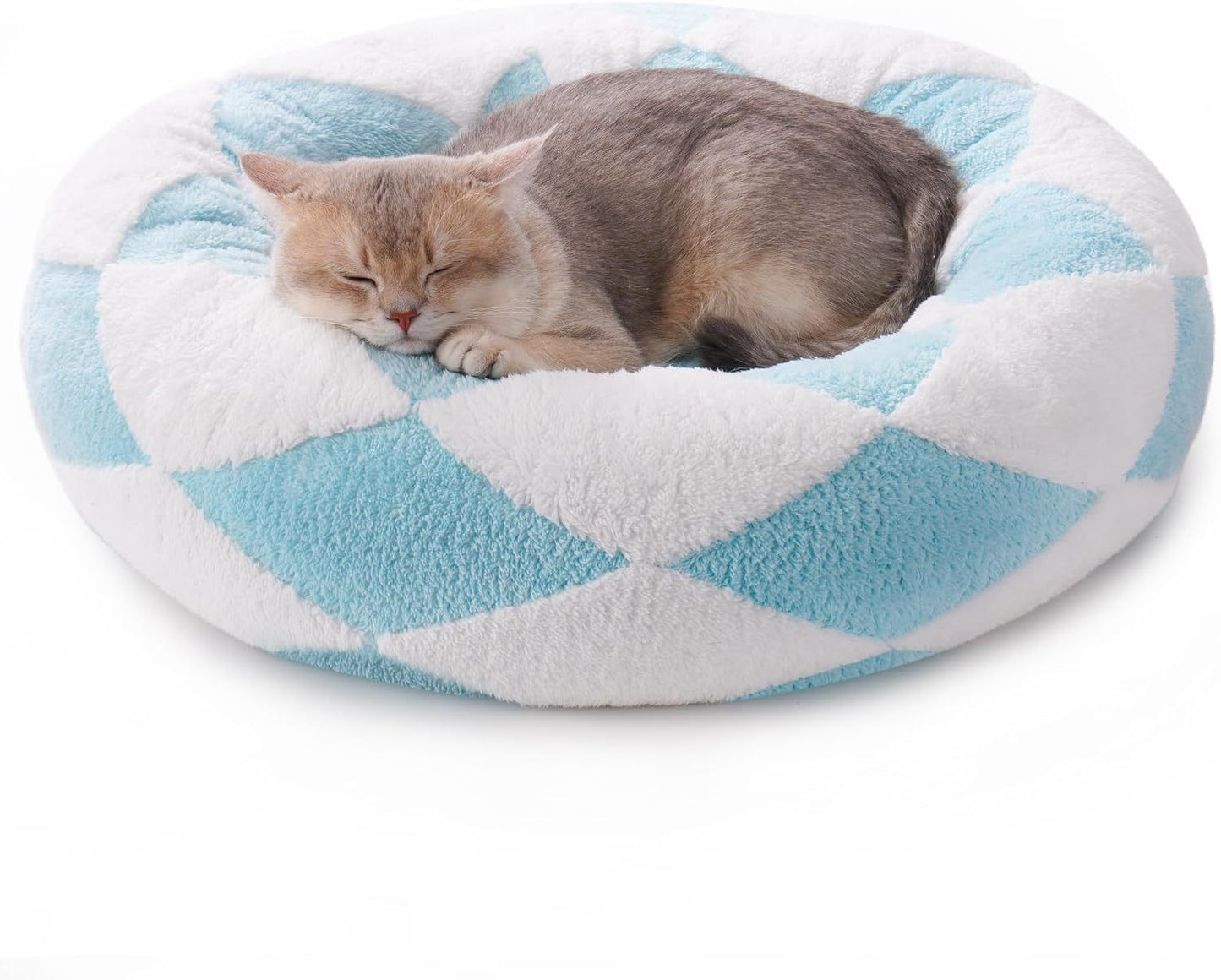 MEWOOFUN Donut Cat Bed For Indoor Cats - Round Washable Plush Pet Bed With Jacquard Shaggy Fabric & Non-Slip Bottom, Calming Small Dog Bed For Puppy & Kitten, 23 Inch Blue Check - DropOnline.co