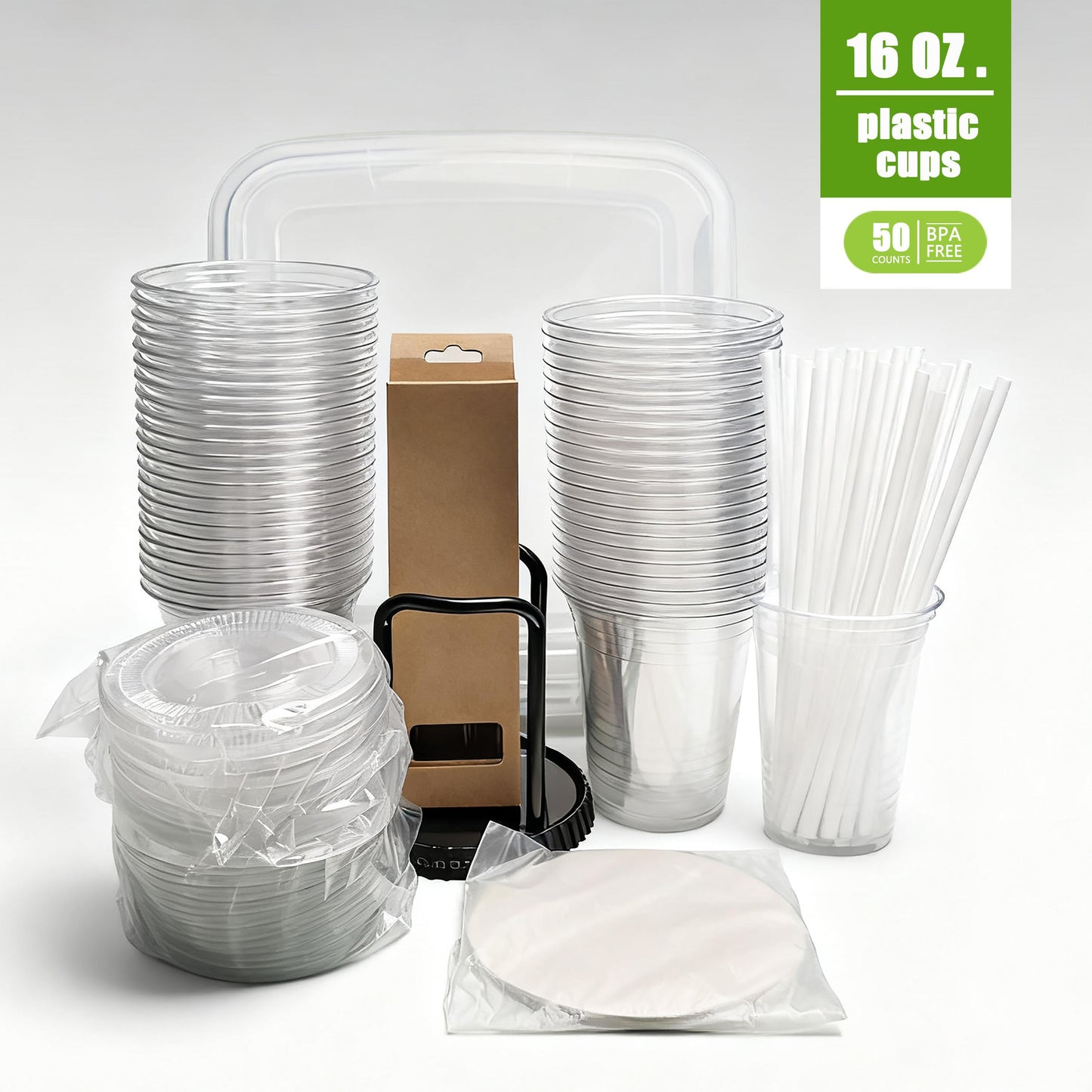 50Pack 16oz Disposable Cups COMPLETE KIT With Lids  Straws Includes 15Quart Storage Bin, Glass Straws  Dispenser Rack  For Wedding, Catering, Party  Coffee Events - DropOnline.co