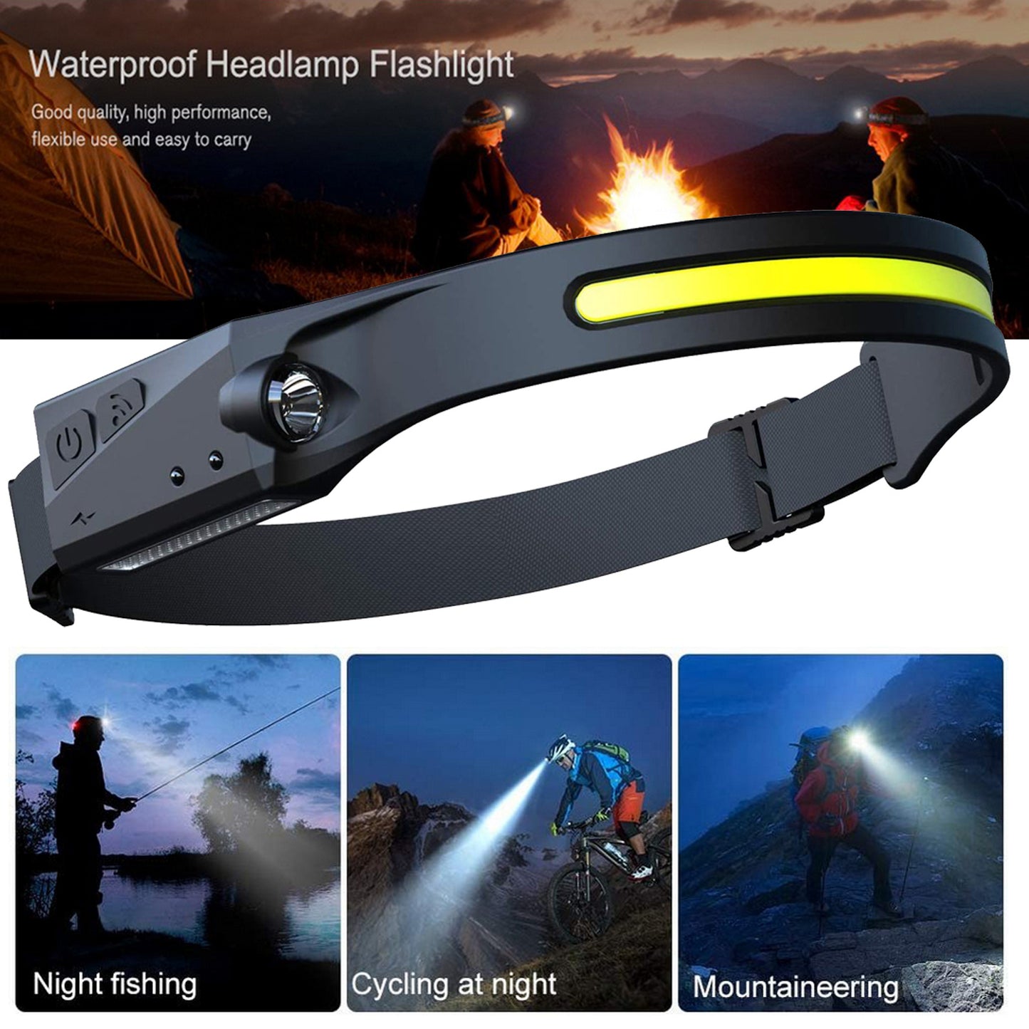 COB LED Rechargeable Headlamp - 350 Lumens Wave Sensor Waterproof Headlight for Camping & Outdoor - DropOnline.co