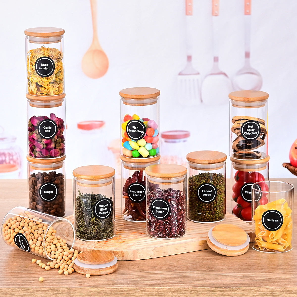 12 Pcs Round Spice Jars With Bamboo Lids And Stickers, Glass Storage Jars, Candy Jars, Coffee Jars, Salt Jars, Pepper Jars, Tea Jars - DropOnline.co