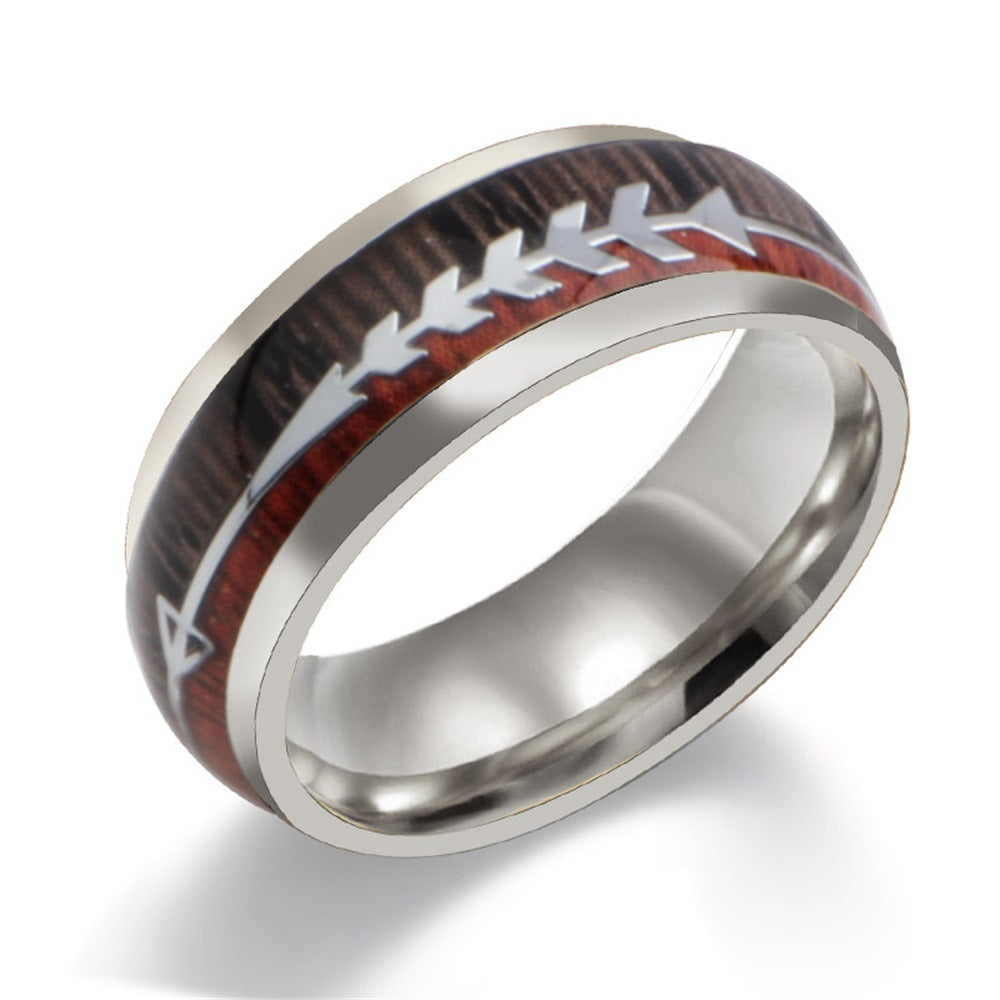 Stainless Steel Wood Grain Arrow Inlaid Ring - DropOnline.co