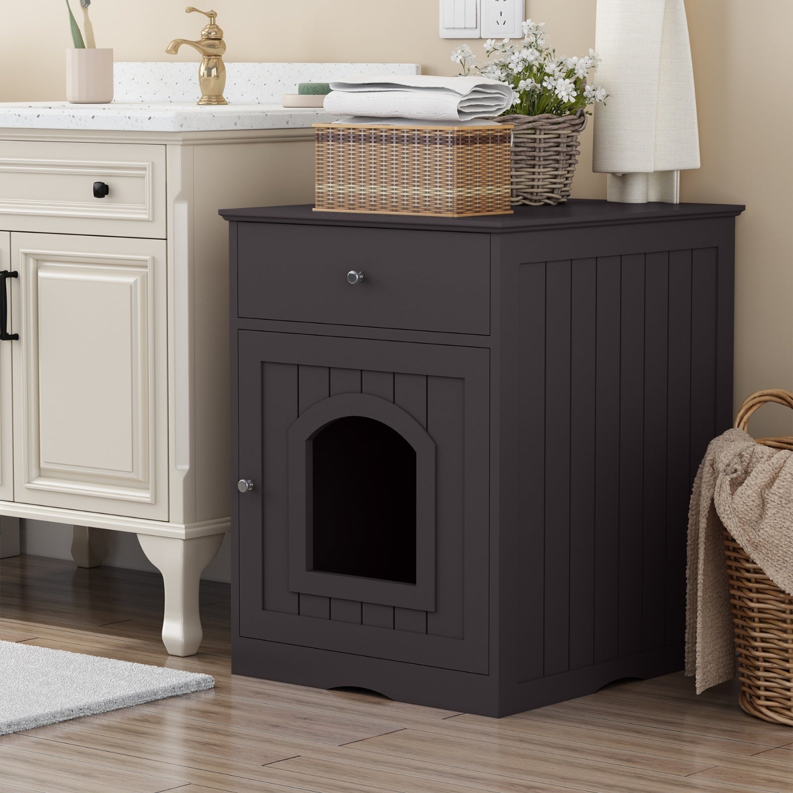 Wooden Pet House Cat Litter Box Enclosure With Drawer & Side Table - DropOnline.co