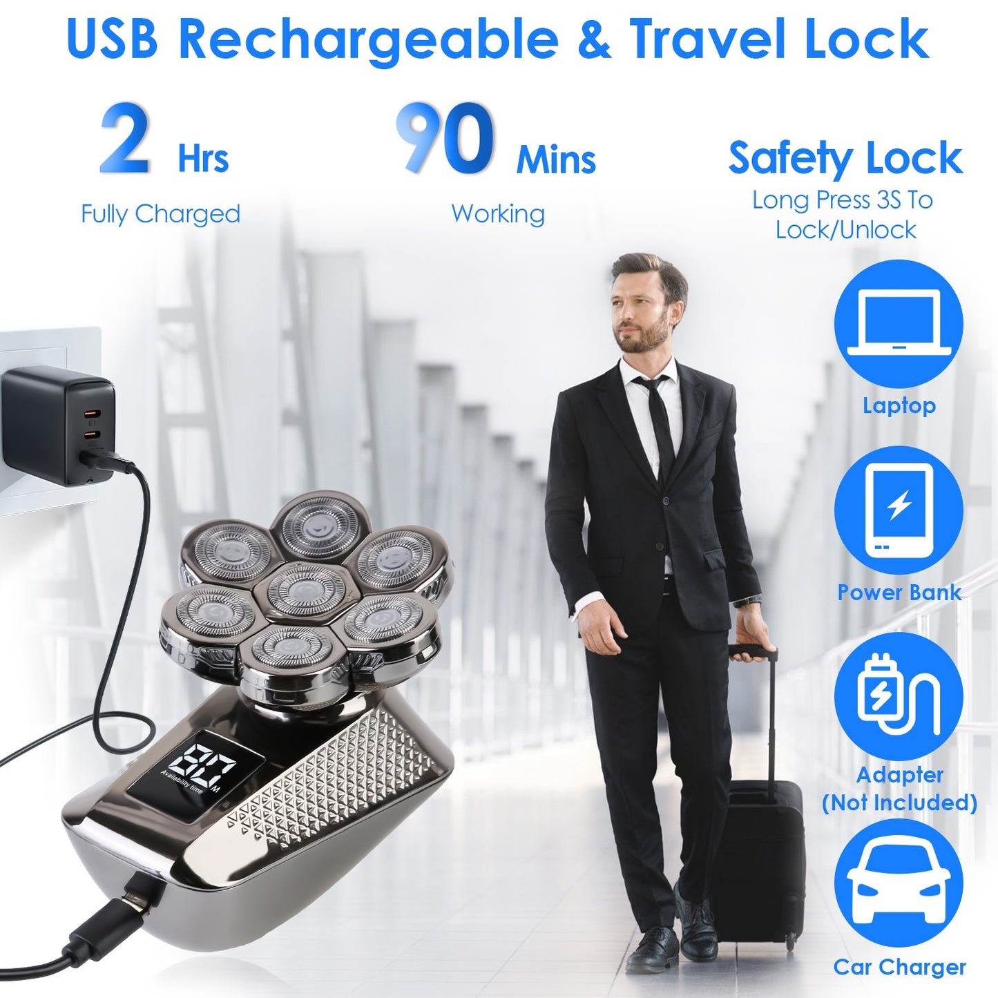 1Pc Head Shavers For Bald Men 5 In 1 7D Electric Rotary Razor Rechargeable Cordless Head Beard Trimmer Shaver Kit IPX6 Waterproof Dry Wet Grooming Kit With 3 Combs - DropOnline.co