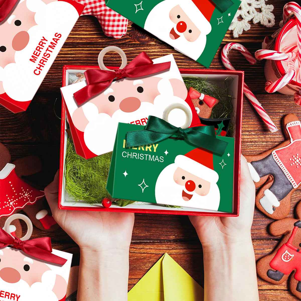 10 Pack Christmas Candy Boxes with Ribbon & Wooden Ring - Santa Pattern Treat Boxes - DropOnline.co