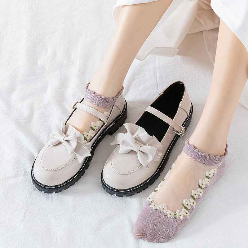 Women's Thin Spun Glass Lace Crystal Boat Socks - Delicate No-Show Socks