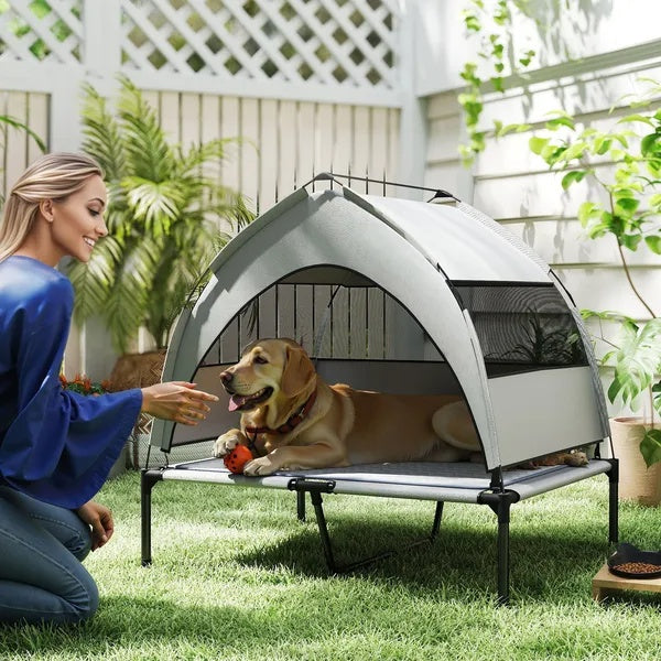 Elevated Dog Bed With Removable Canopy, Portable Outside Raised Pet Cot With Cooling Pad, Storage Bag - DropOnline.co