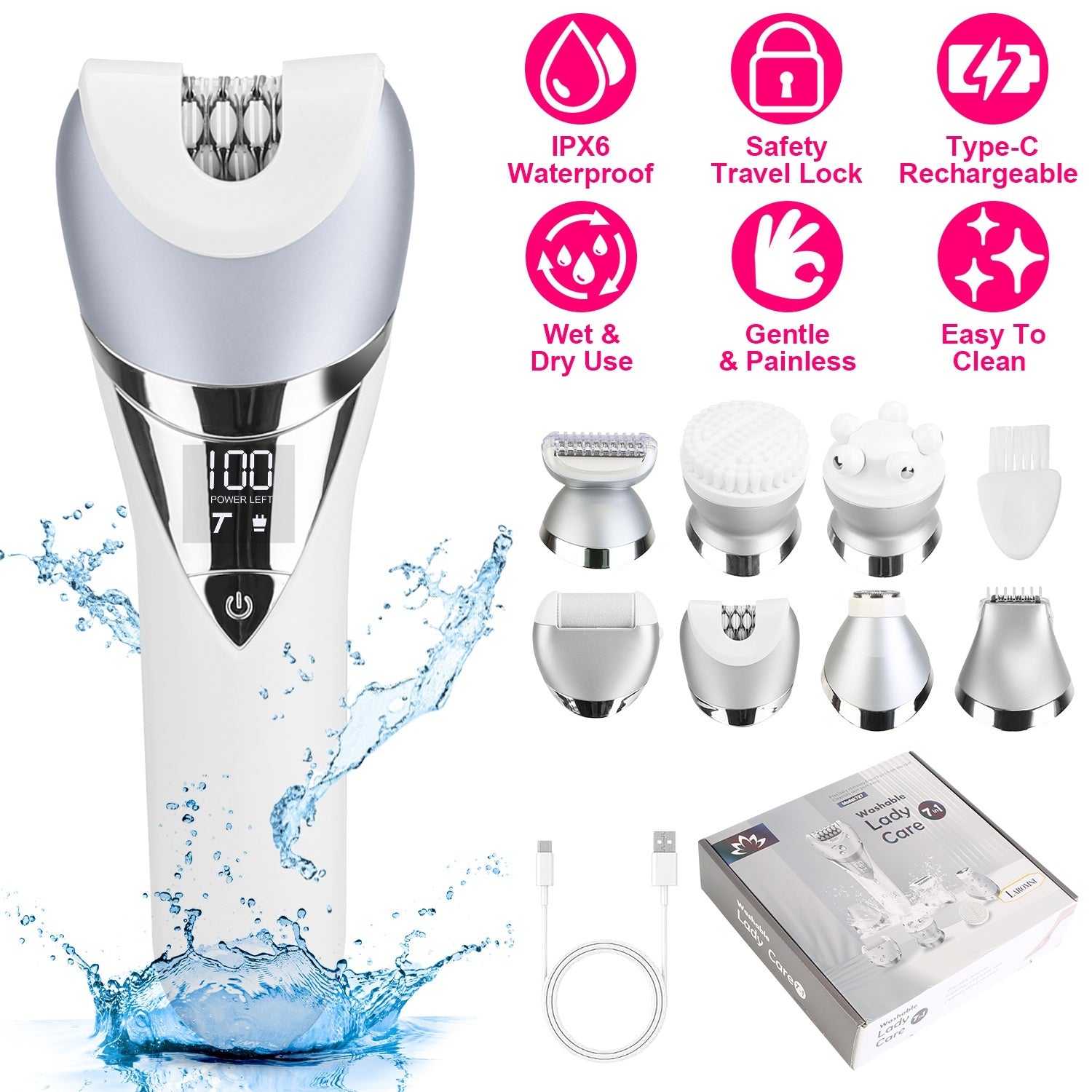 7 In 1 Electric Razor For Women Lady Hair Removal Epilators For Leg Face Arm Bikini Armpit Public Hairs IPX6 Wet And Dry Use Cordless Rechargeable Whole Body Trimmer And Shaver Kit - DropOnline.co