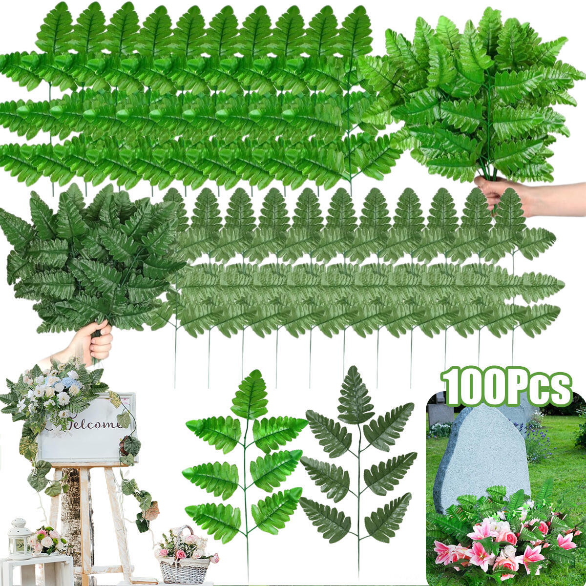 Artificial Fern Leaves Stem Green Cemetery Leaf Picks Wedding Flower Arrangements - DropOnline.co