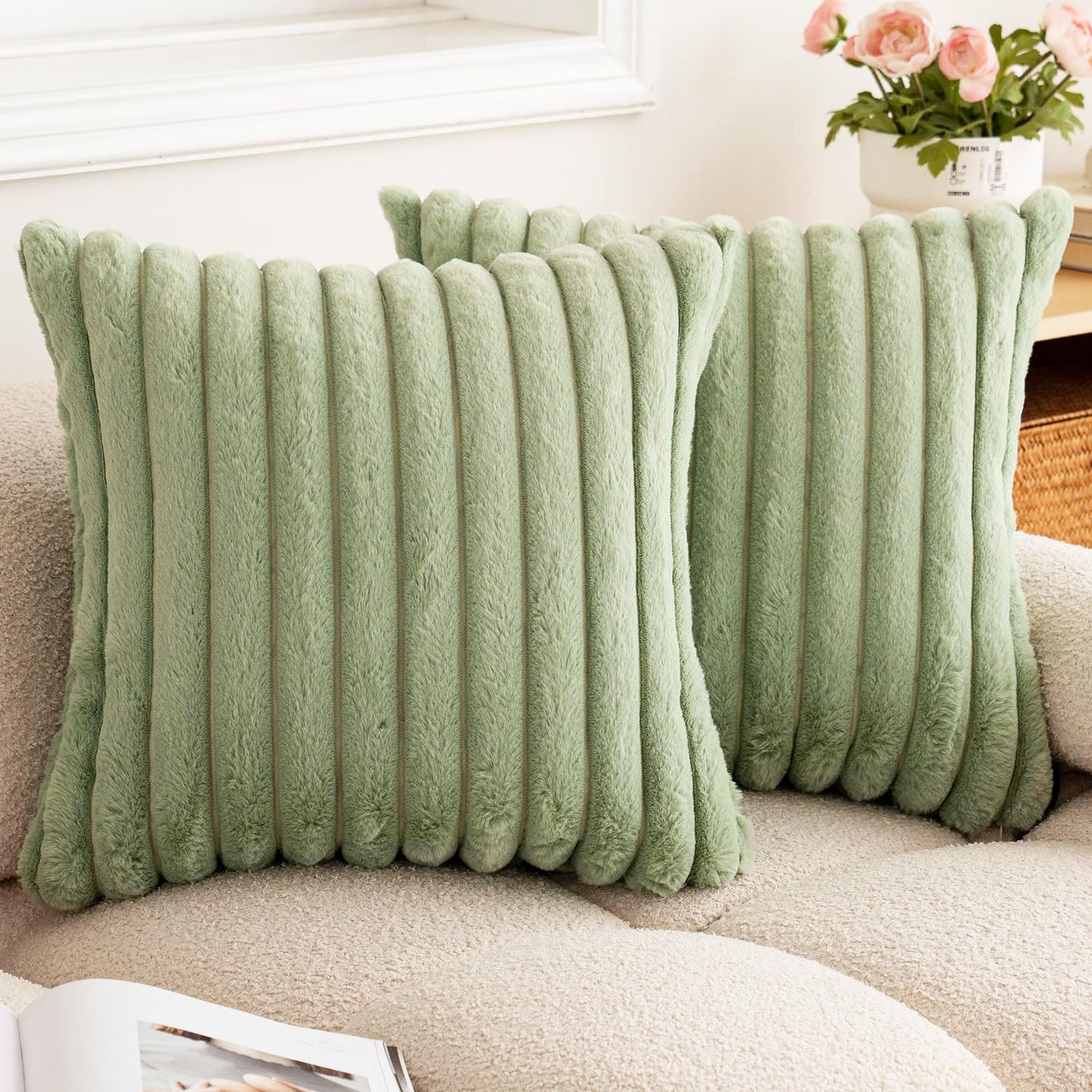 Rabbit Fur Solid Color Vertical Bar Plush Square Cushion Cover - DropOnline.co