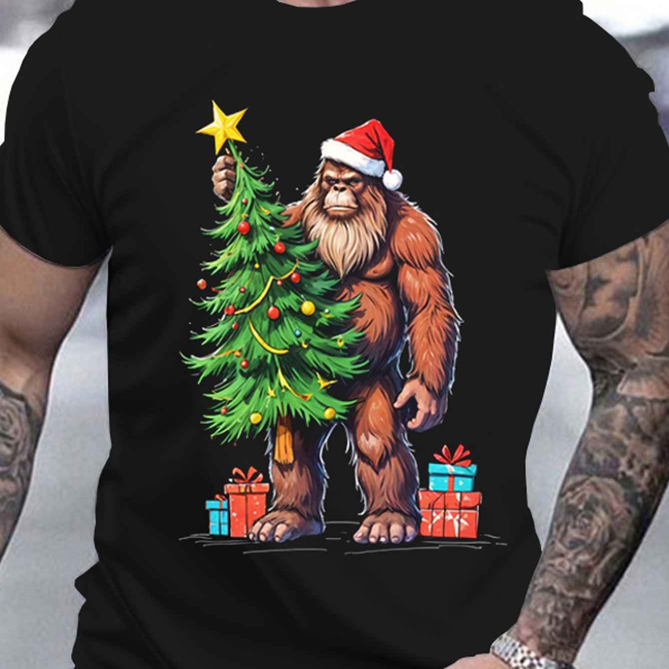 Men's Christmas Bigfoot 3D Printed T-Shirt - Casual Round Neck Summer Polyester Tee