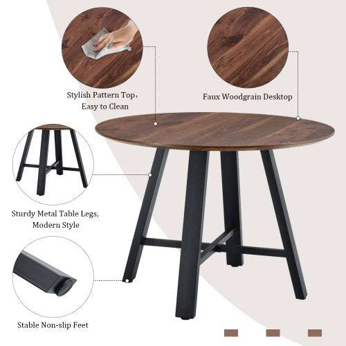 Modern Minimalist Round Dining Table And Coffee Table. 42 Inch Diameter MDF Table Top, Deep Wood Grain Table Top, Black Metal Legs, Fits Home & Office F-1172 - DropOnline.co
