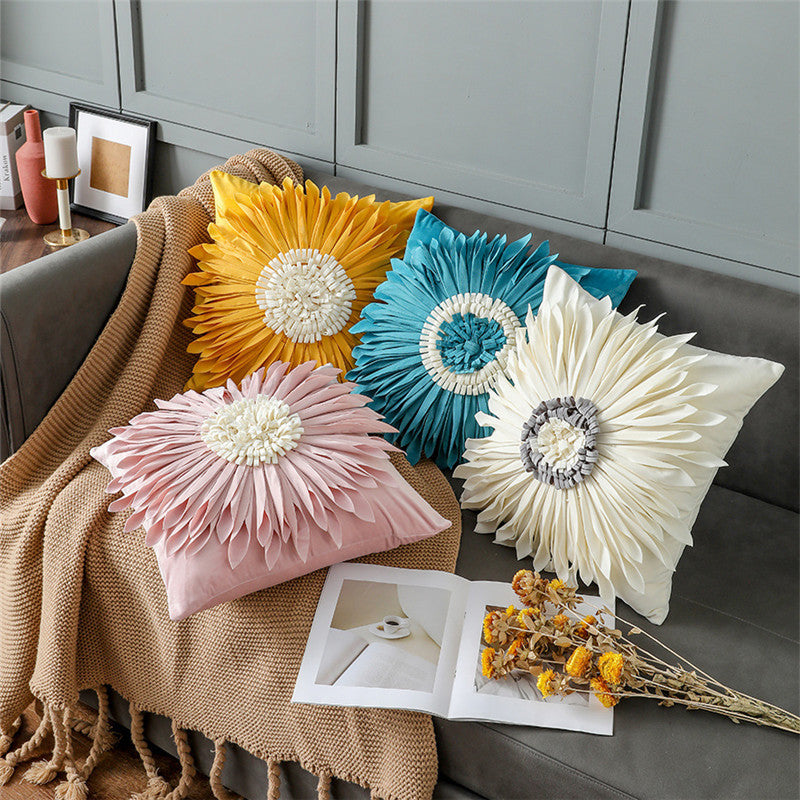Fashion Modern Style White Throw Pillows Velvet Stitching 3D Chrysanthemum Cushion Waist Pillow Blue Cushion Case - DropOnline.co