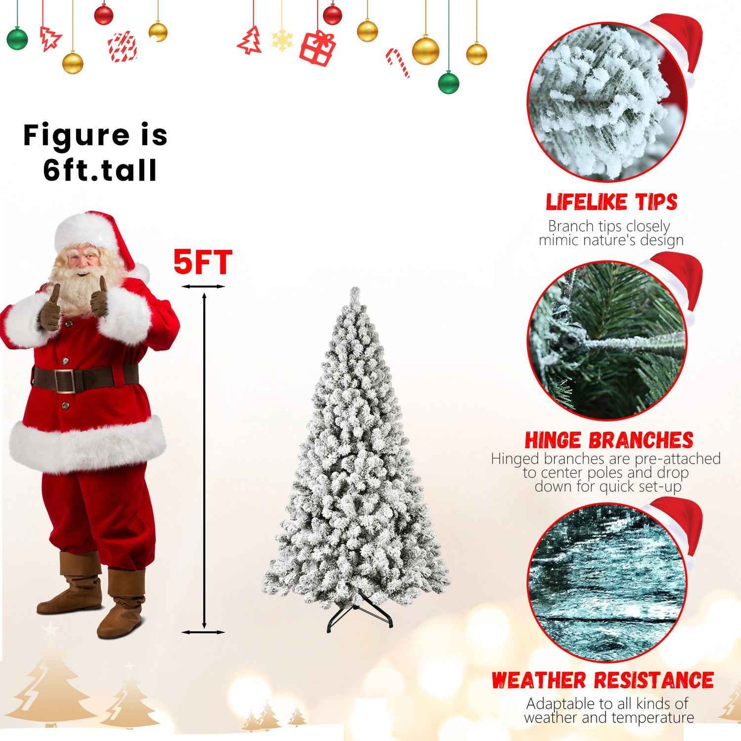 Pre-Lit Flocked Christmas Tree - 5ft-9ft Hinged Artificial Xmas Trees with Lights - DropOnline.co