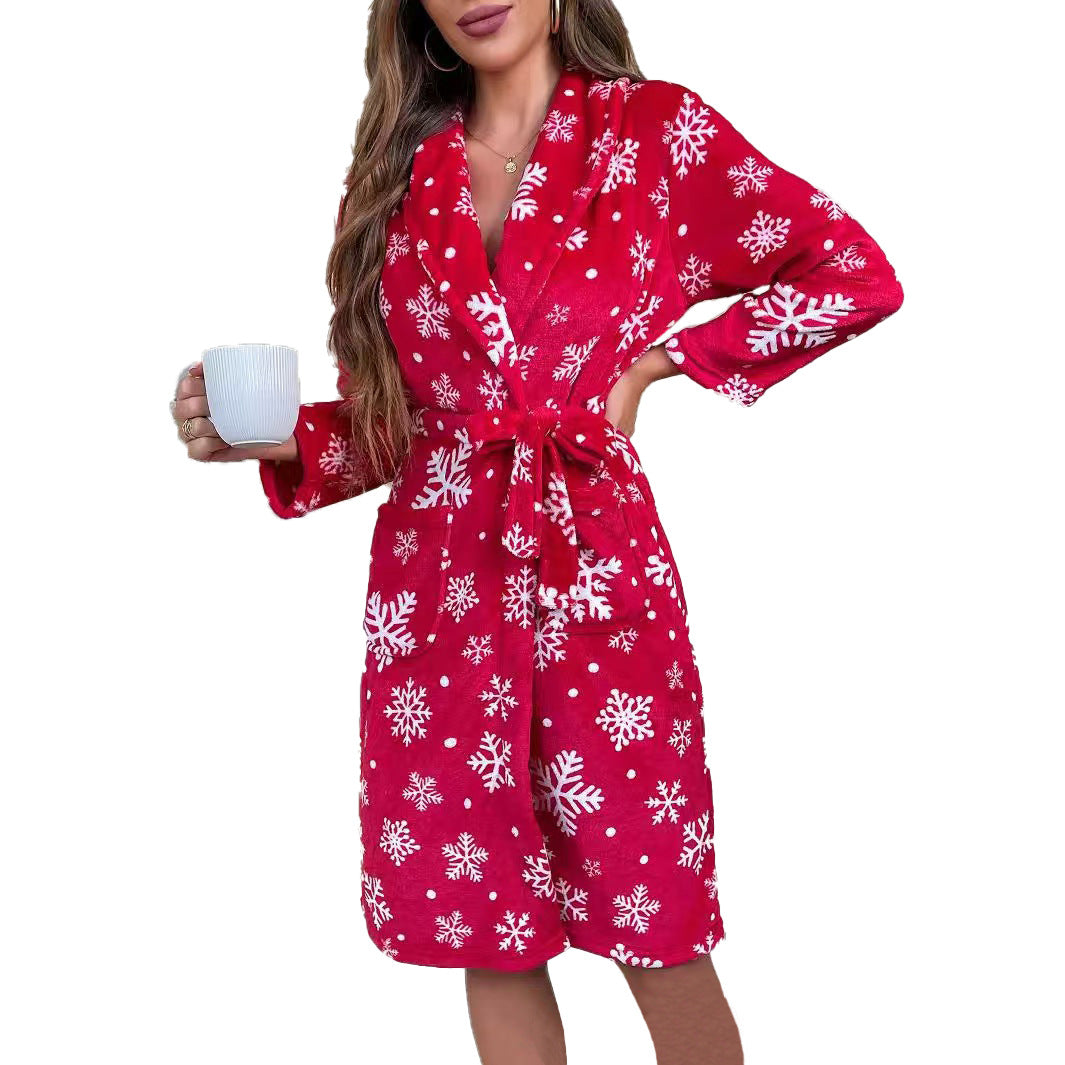 Christmas Snowflake Bathrobe Printed Lace-up Flannel Thick Night-robe