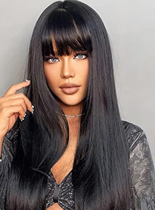 Self-pickup Long Natural Black Wigs For Women,Natural Black Wigs With Bangs Layered Shoulder Length Synthetic Wig For Daily Party  24 Inch - DropOnline.co