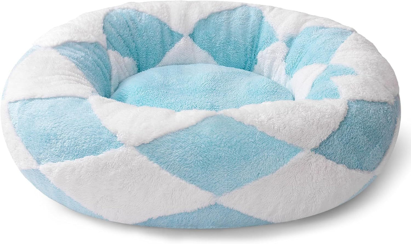 MEWOOFUN Donut Cat Bed For Indoor Cats - Round Washable Plush Pet Bed With Jacquard Shaggy Fabric & Non-Slip Bottom, Calming Small Dog Bed For Puppy & Kitten, 23 Inch Blue Check - DropOnline.co