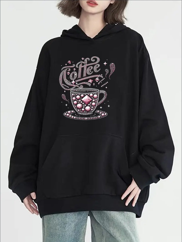 Coffee Print Kangaroo Pocket Hoodie, Casual Long Sleeve Hoodies Sweatshirt, Women's Clothing - DropOnline.co