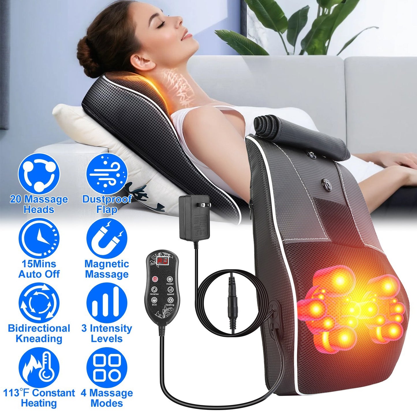 1Pc Back Massager With Heat 3D Kneading Massage Pillow Shiatsu Full Body Massager For Back Neck Waist Arm Abdomen Calf - DropOnline.co