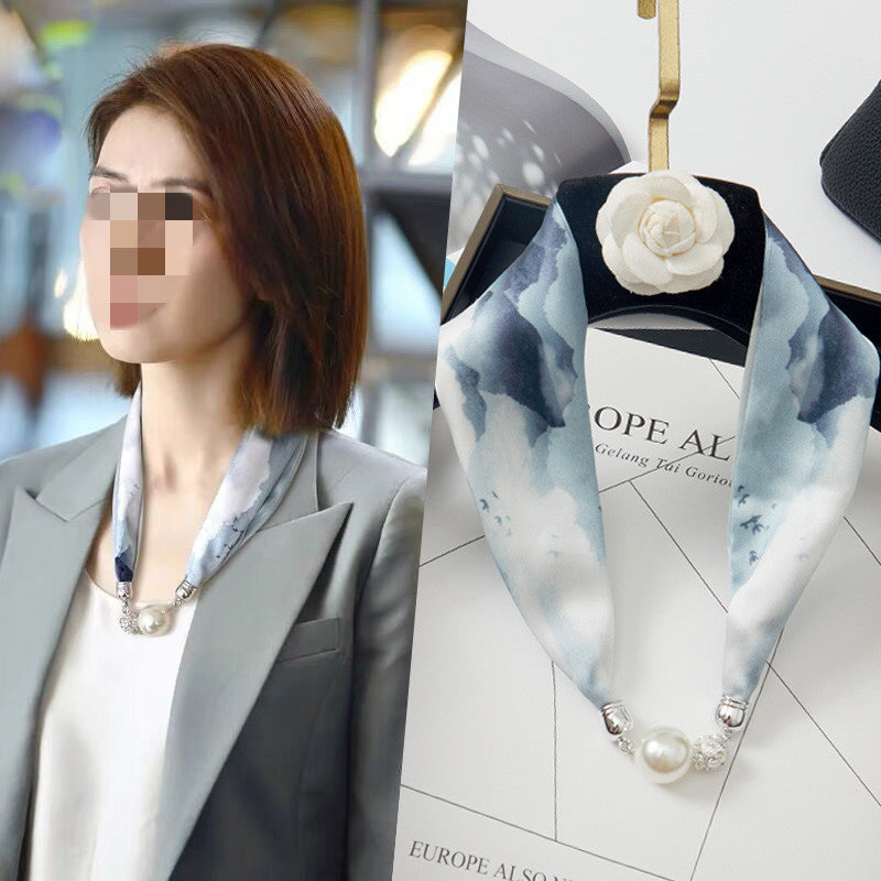 Magnetic Buckle Silk Scarf with Pearl Necklace - Women's Fashion Accessory - DropOnline.co