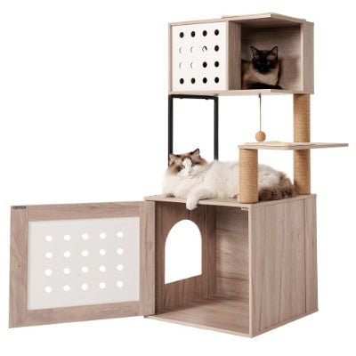 Cat Tree With Litter Box Enclosure, Allinone Cat Tower For Indoor Cats With Large Hammock, Bed, Food Station, Scratching Posts, Modern Style Pet Furniture, Gray White - DropOnline.co