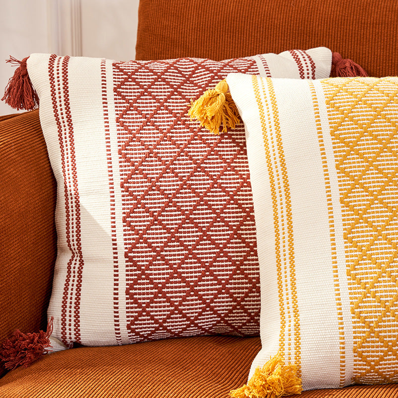Geometric Woven Jacquard Tassel Cushion Cover - DropOnline.co