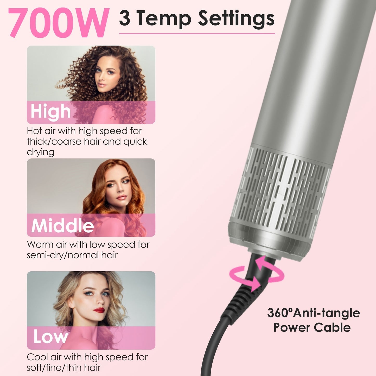 1Pc 6 In 1 Hot Air Styler Volumizer Straightener Curler Dryer Automatic Wrap Styler Hair Dryer Brush Set With 3 Temp Settings ALCI Plug Glove Cable Zip Tie - DropOnline.co
