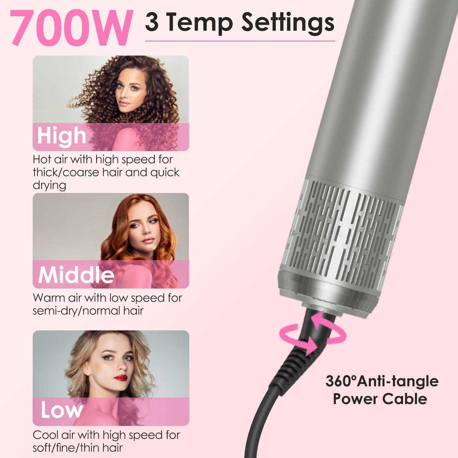 1Pc 6 In 1 Hot Air Styler Volumizer Straightener Curler Dryer Automatic Wrap Styler Hair Dryer Brush Set With 3 Temp Settings ALCI Plug Glove Cable Zip Tie - DropOnline.co
