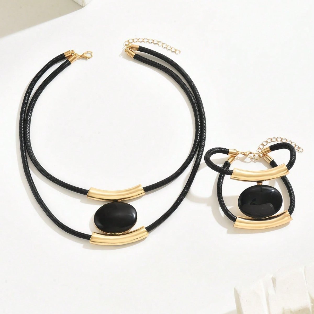 14K Gold Plated Golden Elegance  Black And Gold Statement Jewelry Set - DropOnline.co