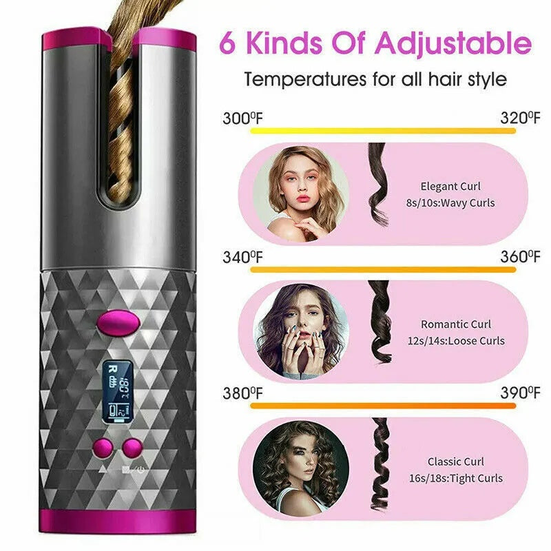 Hair Curler LCD Cordless Auto Rotating Waver Curling Iron Ceramic Wireless USA - DropOnline.co