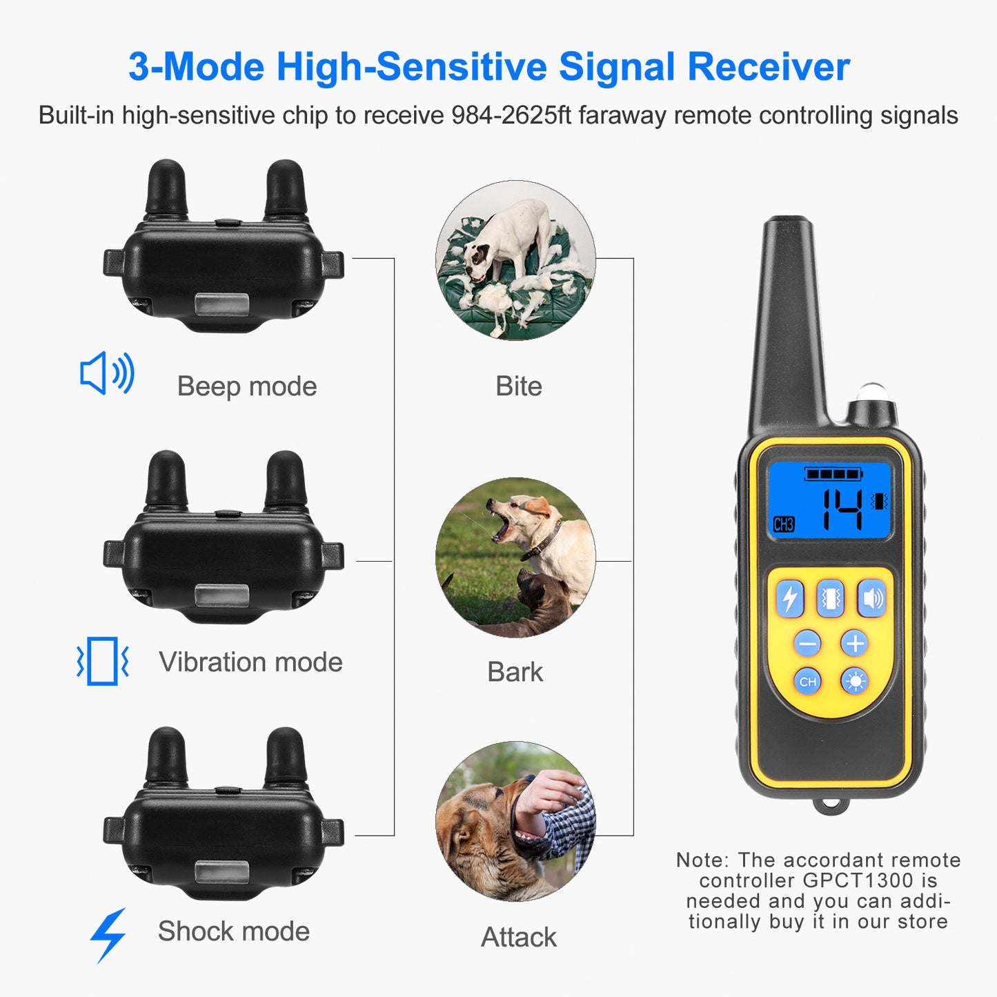 1Pc Dog Training Collar With Remote  IP67 Waterproof Pet Trainer 300mAh Rechargeable 875 Yard Remote Control 4 Modes Adjustable Level - DropOnline.co