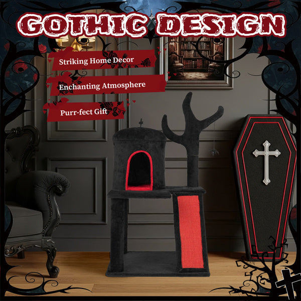Gothic Cat Tree, Halloween Cat Tower Cat Tree With Spacious Cat Condo, Brach Shaped Scratching Post, Scratching Ladder, Spider Toy For Indoor Cats, Red & Black - DropOnline.co