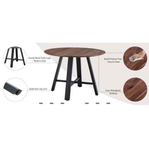 Modern Minimalist Round Dining Table And Coffee Table. 42 Inch Diameter MDF Table Top, Deep Wood Grain Table Top, Black Metal Legs, Fits Home & Office F-1172 - DropOnline.co