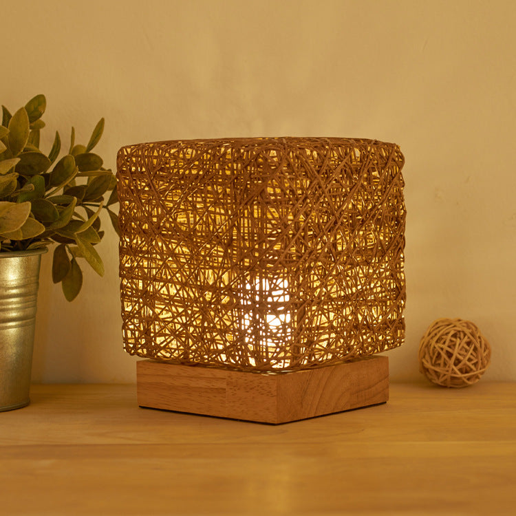 Hand-Knit Dimmable Square LED Desk Lights Wood Rattan Twine USB Charging Table Lamp Girls Bedroom Gift Home Decor Night Lighting - DropOnline.co