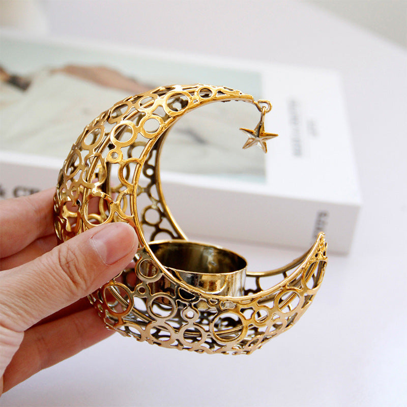 Light Luxury Crescent Moon Star Moon Black Gold Metal Candle Holder Modern Romantic Wedding Christmas Candle Cup Home Decor - DropOnline.co