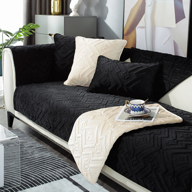 Black Sofa Cushion Winter Plush Thickened Non-slip Sofa Leather Sofa Cover - DropOnline.co