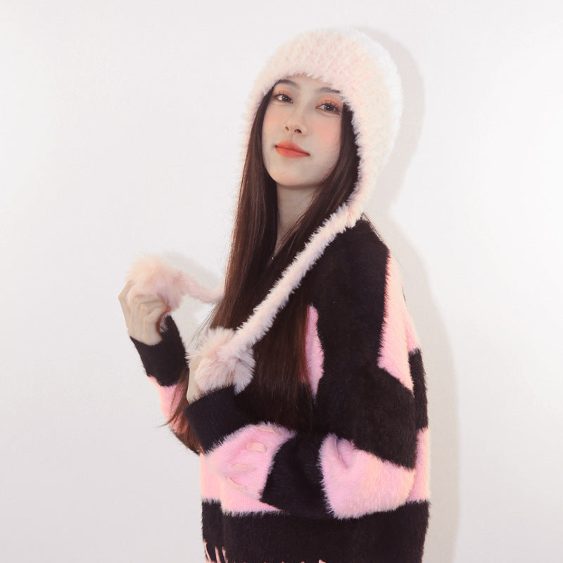 Fleece-Lined Thickened Knit Woolen Cap - Warm Ear Protection Hat with Pom-Pom - DropOnline.co