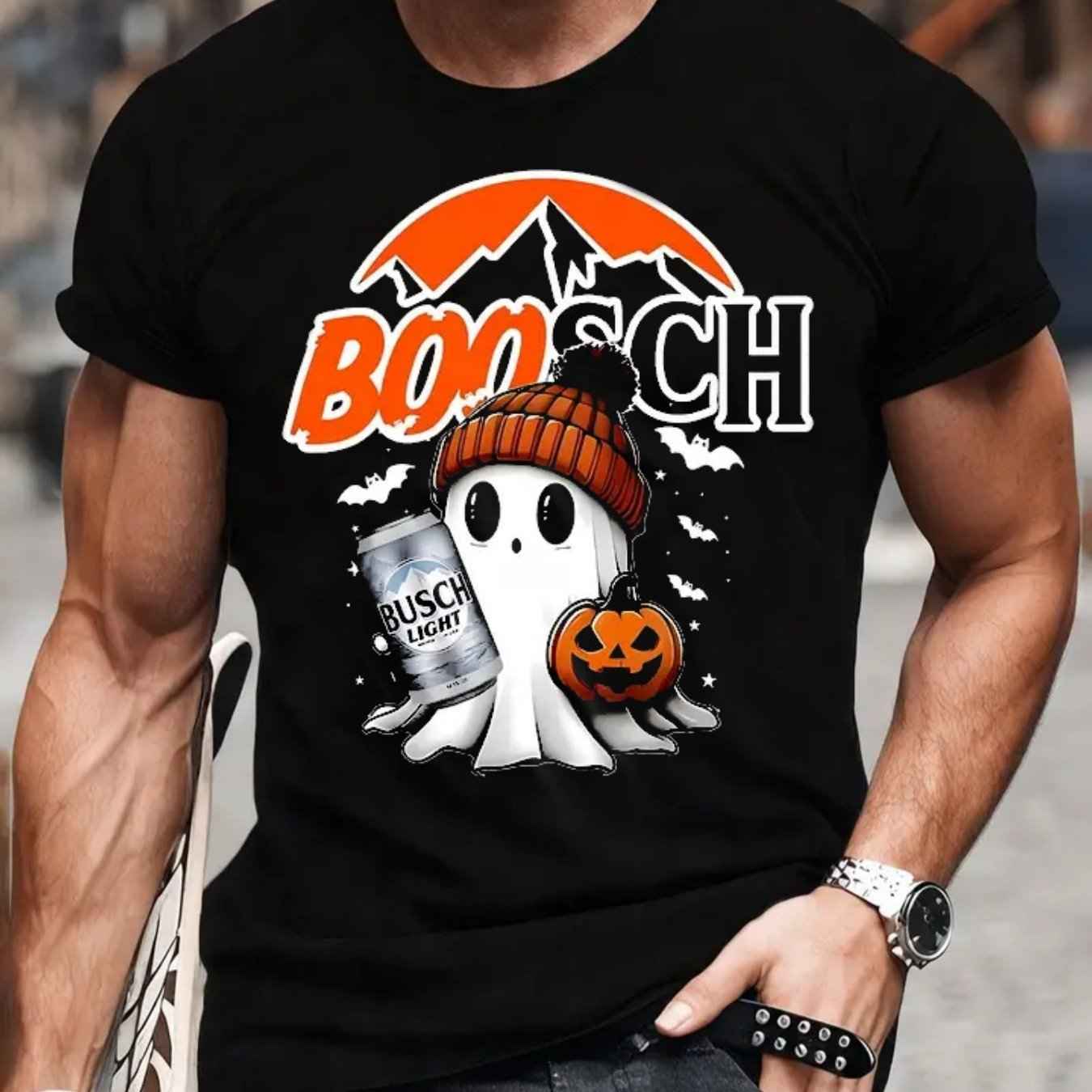 Halloween Boosch Printed Casual T-shirt, Men's Halloween Ghost Pumpkin T-shirt,