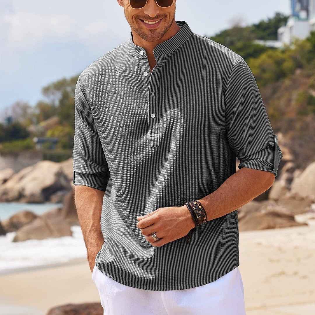 Men's Long Sleeve Stand Collar Shirt - Solid Color Casual Button-Up
